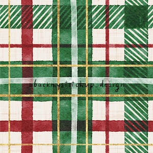 May include: A seamless pattern featuring a plaid design with red, green, and white stripes. The pattern includes gold glitter accents.