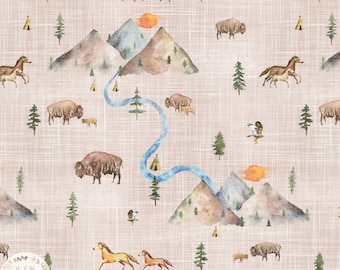 Yellowstone Bison Seamless Pattern, Horse seamless tile, North American Mountain fabric design, Eagle Digital Download, Non-Exclusive