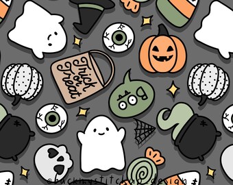 Halloween Doodles Seamless Pattern, Boys Boho Halloween surface design, Cute Ghost pumpkin trick or treat digital paper, grey and orange