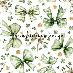 May include: A seamless pattern featuring green and white bows with shamrock designs on a white background. The bows are in various styles and sizes, and there are small gold buttons scattered throughout the pattern.