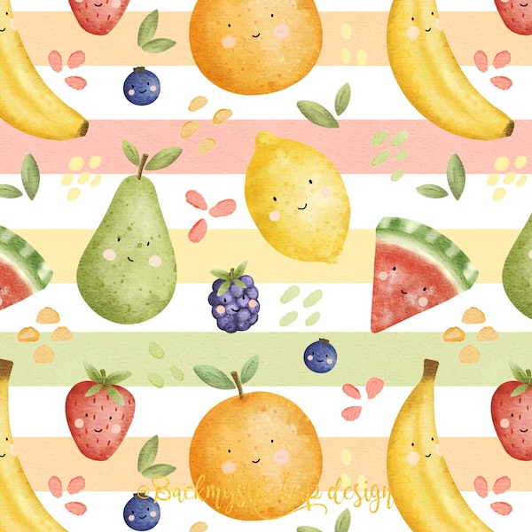 Kawaii Fruit seamless tile, Fruit Faces seamless pattern on stripes, Fruity Summer fabric design, strawberry watermelon Digital Download