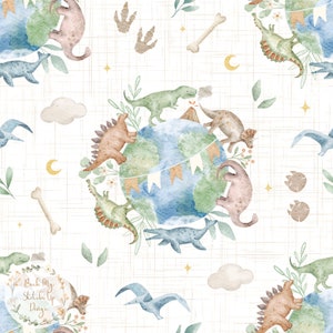 Könnte beinhalten: Aquarellmuster mit Dinosaurier-Motiv. Es zeigt verschiedene Dinosaurier um einen Globus, mit Wolken, Knochen und Fußabdrücken auf weißem Hintergrund. Das Design umfasst ein Banner, Blätter und Sterne, was ein verspieltes Thema ergibt.