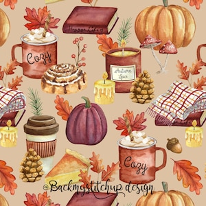 Pumpkin Spice Seamless Pattern, Watercolor Fall food Seamless File, Cosy Autumn Hygge Digital Crafting Paper, Coffee Latte Tumbler design