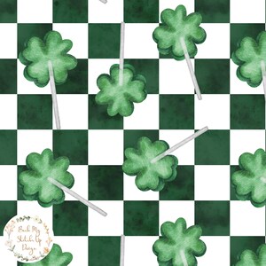 May include: A seamless pattern featuring green four-leaf clover lollipops on a white and green checkered background.