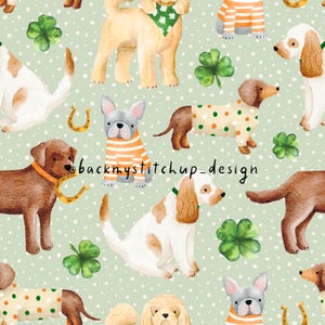 May include: A seamless pattern featuring various breeds of dogs wearing festive green, orange and white sweaters with shamrock and horseshoe accents. The background is a light green with white polka dots.
