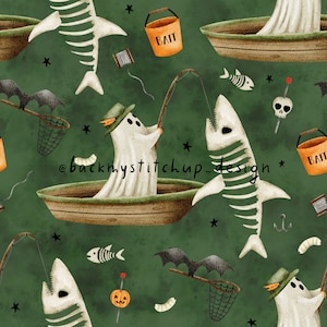 May include: A green background with a repeating pattern of ghosts fishing for skeletons of fish. The ghosts are wearing brown hats and holding fishing rods. The skeletons of fish are white with black bones. The background is a dark green with white stars. The text "@backnystitchup_design*" is in the center of the image.
