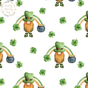 May include: A repeating watercolour pattern on a white background. It features leprechauns with green hats, rainbows, and pots of gold. Green shamrocks are scattered throughout the design. The text "Back My Stitch Up Design" is in the upper left corner.