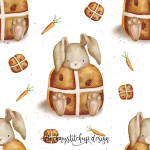 Hot Cross Buns and Bunny Rabbit Seamless Pattern, Easter Seamless file, Hot cross Buns fabric design, Cute Easter Bunny digital paper