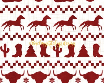 Western Christmas seamless pattern, Western Fair isle repeat tile, Christmas Farm crafting paper, horse, highland cow digital download file