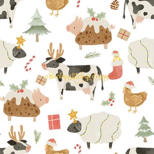 Peut inclure: Un motif de Noël festif mettant en scène une variété d'animaux de ferme habillés en tenue de fête. Le motif comprend des vaches, des cochons, des moutons, des poulets et un renne. Les animaux portent des chapeaux de Père Noël, des lumières de Noël et d'autres décorations festives. L'arrière-plan est blanc avec quelques sapins verts.