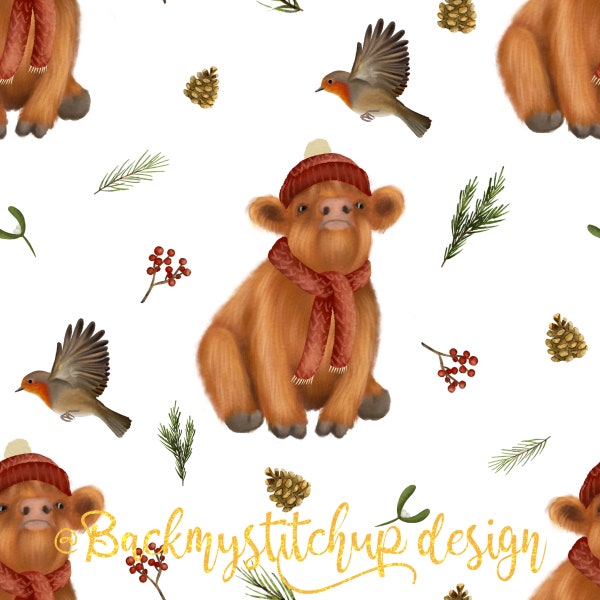 Highland Cow & Robin Winter Fabric Design WHITE, Seamless Pattern Tile, Surface Pattern, Digital Download, Commercial Licence, Non-Exclusive