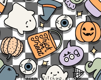Halloween Doodles Seamless Pattern, Boys Checker Halloween surface design, Cute Ghost pumpkin trick or treat digital paper, Spooky checks