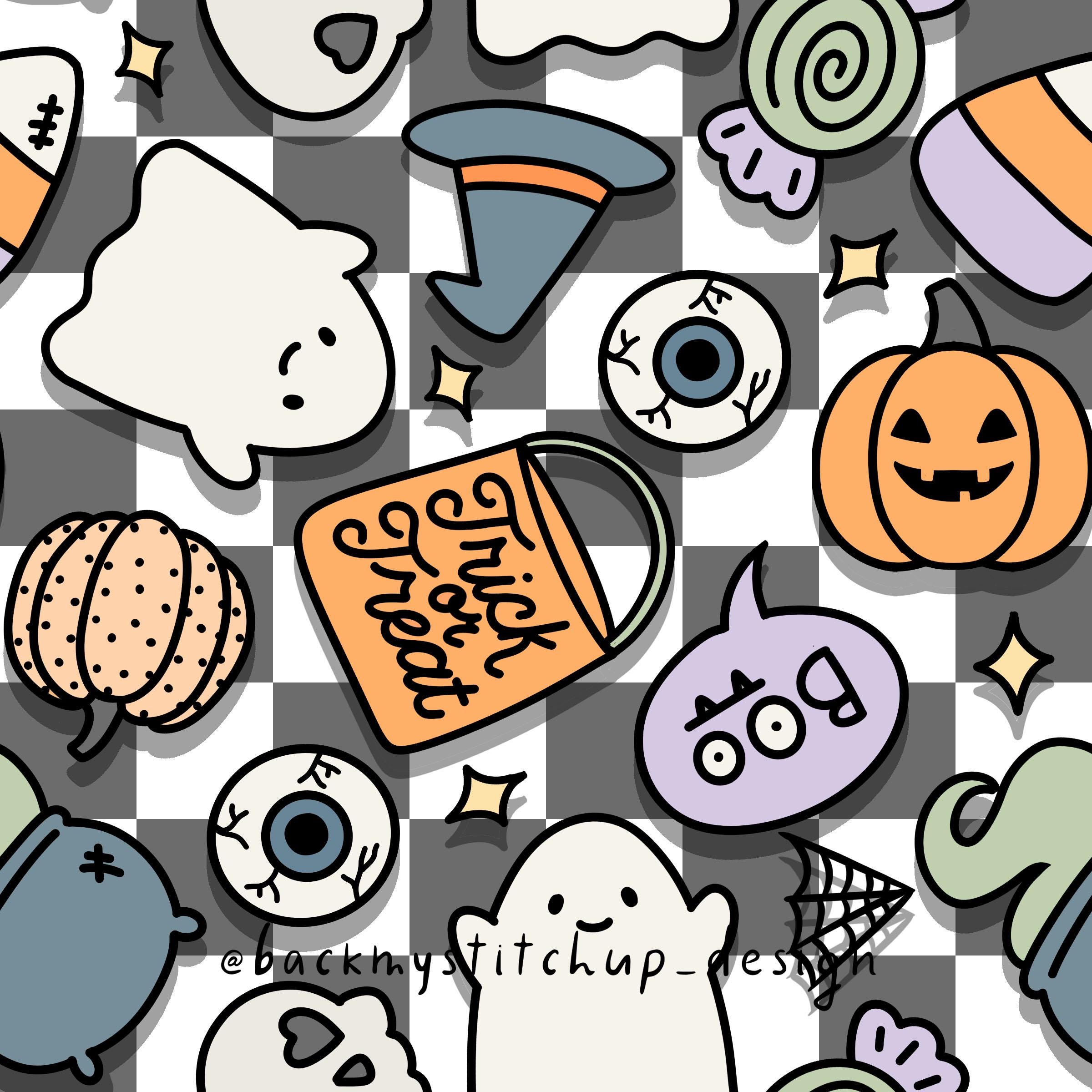 Spooky Check In Halloween Doodles Seamless Pattern, Boys Checker Halloween Surface ...