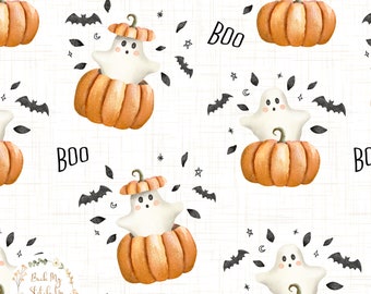 Cute Ghost in a Pumpkin Seamless Pattern, Halloween Boo Ghost Pumpkin Fabric design, Digital Download, Commercial Licence, Non-Exclusive,