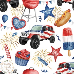 May include: A watercolor pattern featuring a variety of Fourth of July themed elements, including a red, white and blue jeep, fireworks, a grill, a cupcake, a hot dog, an ice cream lolly, and a star with the text "USA".