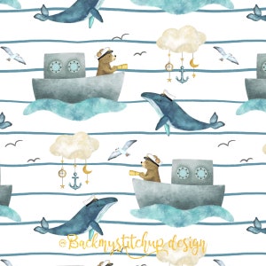 Royal Navy and Whale fabric design, Nautical, Military, Boat Seamless Surface Pattern, Ship and Sailor Digital Download for boys