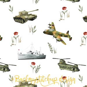 Armed Forces Fabric Design, Army RAF Navy Tri-service, Military Remembrance Poppy Seamless Surface Pattern, Tank Aeroplane Digital Download,