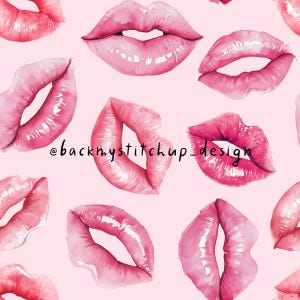 Watercolor Lips Seamless Pattern | Pink and red Lipstick Kisses Digital repeat File | Valentine&#39;s Day fabric design on pink background