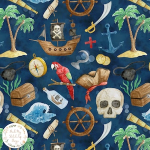 Pirate themed Seamless Pattern, Watercolour Pirate ship Seamless File, Fun boy's Nautical Fabric design, Ocean Seamless digital paper