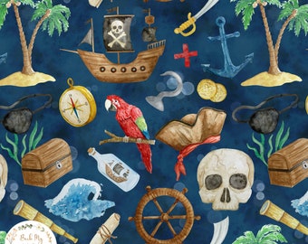 Pirate themed Seamless Pattern, Watercolour Pirate ship Seamless File, Fun boy's Nautical Fabric design, Ocean Seamless digital paper