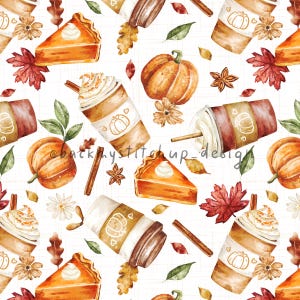 Pumpkin Spiced Latte Seamless Pattern, Pumpkin Pie and Coffee surface design, Watercolour Thanksgiving digital paper, Fall Autumn file