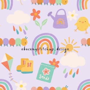 Spring Garden Seamless Pattern, Spring Rainbow Digital File, Spring Flowers digital paper, Kids Easter Chick and Caterpillar fabric design