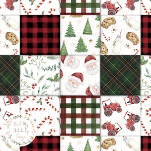 May include: A digital paper pack with a Christmas theme. The pack includes images of plaid patterns, candy canes, Christmas trees, Santa Claus, and tractors. The text "Back My Stitch Up Design" is included in the image.