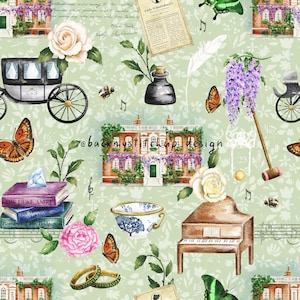 Op de afbeelding: Een groen en wit bloemenpatroon met een vintage koets, een piano, een huis, boeken en een vlinder. De tekst "The Duke and I" en "Romancing Mr. Bridgerton" is zichtbaar op de boeken.