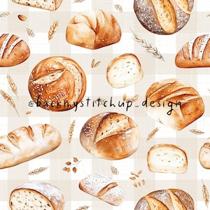 Puede incluir: Ilustración en acuarela de varios tipos de pan, incluyendo hogazas y bollos, dispersos sobre un fondo a cuadros. El pan se representa en tonos marrones y beige, con detalles como semillas y cortes visibles. También se incluyen espigas de trigo y hojas.