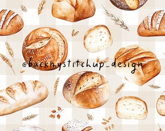 Watercolour Sourdough Bread Seamless Pattern, Bread Baking Digital File, Sourdough starter fabric design on beige gingham plaid background