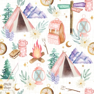 Peut inclure: Un motif aquarelle représentant des illustrations sur le thème du camping et de la randonnée. Le motif comprend une tente rose, un feu de camp, une lanterne, une boussole, un sac à dos, un s'more, un panneau de pêche, un panneau de randonnée et un panneau qui dit "S'mores".