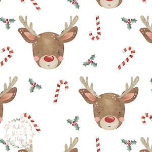 Rudolph Fabric design, Rudolph Seamless Pattern, Red nosed reindeer seamless file, Christmas Reideer, Non-Exclusive, Winter aquarelle