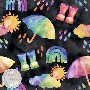 Watercolour Umbrella and Rainbow Seamless Pattern, Wellington Boots Fabric Design, Wellies seamless, Spring Weather Seamless File