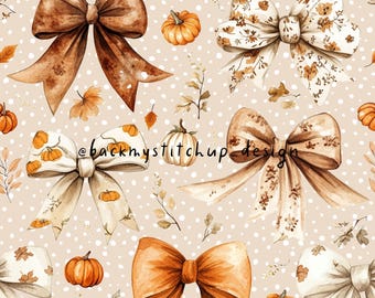 Fall Coquette Bows Seamless Pattern | Watercolour Brown Bows Digital File | Autumn Bow and Pumpkins fabric design for girls on beige