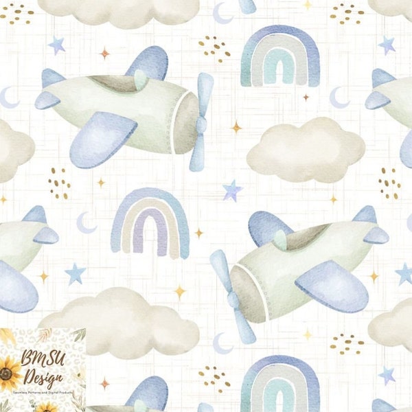 Cute Aeroplane Seamless Pattern, Watercolour aircraft seamless file, Cute Newborn Boy's Digital Paper, Airplane seamless download