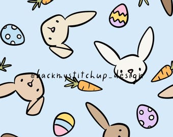 Patrón sin costuras de huevos y conejitos de Pascua, diseño de superficie digital de conejito de primavera, papel digital de conejo y huevo de Pascua pastel para niños sobre azul