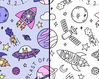 Colour Your Own Space Seamless Pattern, Galaxy Transparent PNG seamless file, Colouring in digital download, Rocket ship pattern template.