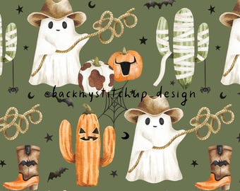 Western Halloween Seamless Pattern on khaki, Fun Boys Halloween surface design, Cowboy cowhide pumpkins and Spooky Cactus digital paper