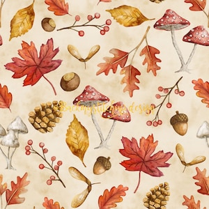 Herbst Blätter Aquarell nahtlose Muster Fliese, Herbst Blätter nahtlos, Ahorn Eiche und Eicheln Oberflächenmuster, Pilze digitaler Download