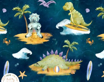 T-Rex am Strand nahtloses Muster, Dinosaurier Kinderstoff Design, Sommer Surfen, digitaler Download, kommerzielle Lizenz, nicht exklusiv