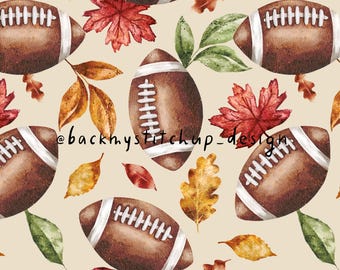 American Football and Fall leaves Seamless Pattern, Autumn Sport surface design, Watercolor leaves and Rugby digital paper