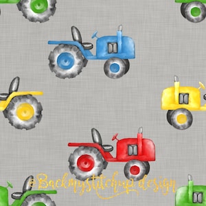 May include: A seamless pattern featuring watercolour illustrations of tractors in various colours, including red, blue, green, and yellow. The tractors are set against a grey background with a subtle linen texture.