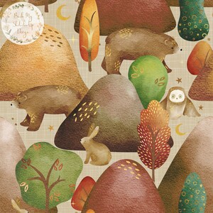 May include: Watercolor illustration featuring a forest scene with bears, an owl, and a rabbit. The design includes trees, hills, and celestial elements like stars and moons. The color palette is earthy, with shades of brown, green, and gold. The text "Back My Stitch Up Design" is in a circle.