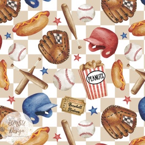 Baseball seamless design, Baseball Seamless Pattern, Patriotic American sport Fabric design, check red white blue digital crafting paper,