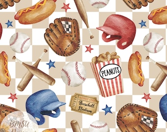 Baseball-nahtloses Design, Baseball-nahtloses Muster, patriotisches amerikanisches Sport-Stoffdesign, kariertes rotes weißes blaues digitales bastelndes Papier,
