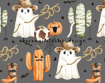 Western Halloween Seamless Pattern on grey, Fun Boys Halloween surface design, Cowboy cowhide pumpkins and Spooky Cactus digital paper