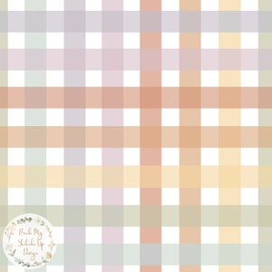 Puede incluir: Un patrón sin costuras con un fondo blanco y un patrón a cuadros en tonos de verde claro, morado claro, naranja claro y amarillo claro.