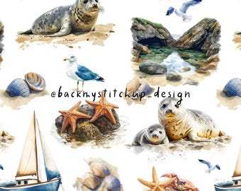 British Coast Seamless Pattern with Grey Seals, Rockpools and sailing boat, Cornish beach surface design with seagulls crabs and starfish