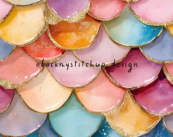 Watercolour Mermaid scales Seamless Pattern, Rainbow Mermaid scale surface design with gold accents, Multicoloured fish scales digital file