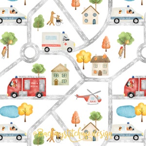 May include: Watercolor pattern featuring emergency vehicles like police cars, fire trucks, and an ambulance, along with houses, trees, and a helicopter. The design includes a road map layout with cute animal characters. The text "FIRE + RESCUE" and "POLICE" are visible.
